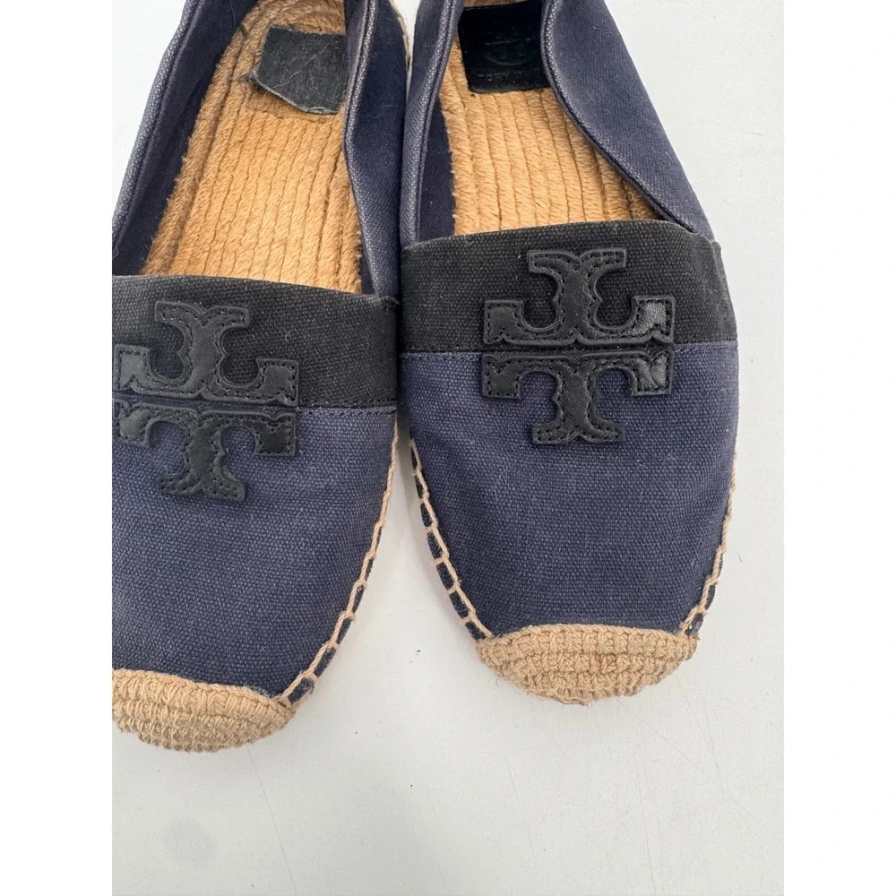 Tory Burch Weston Flat Espadrilles Women 8 Navy Blue Canvas Logo